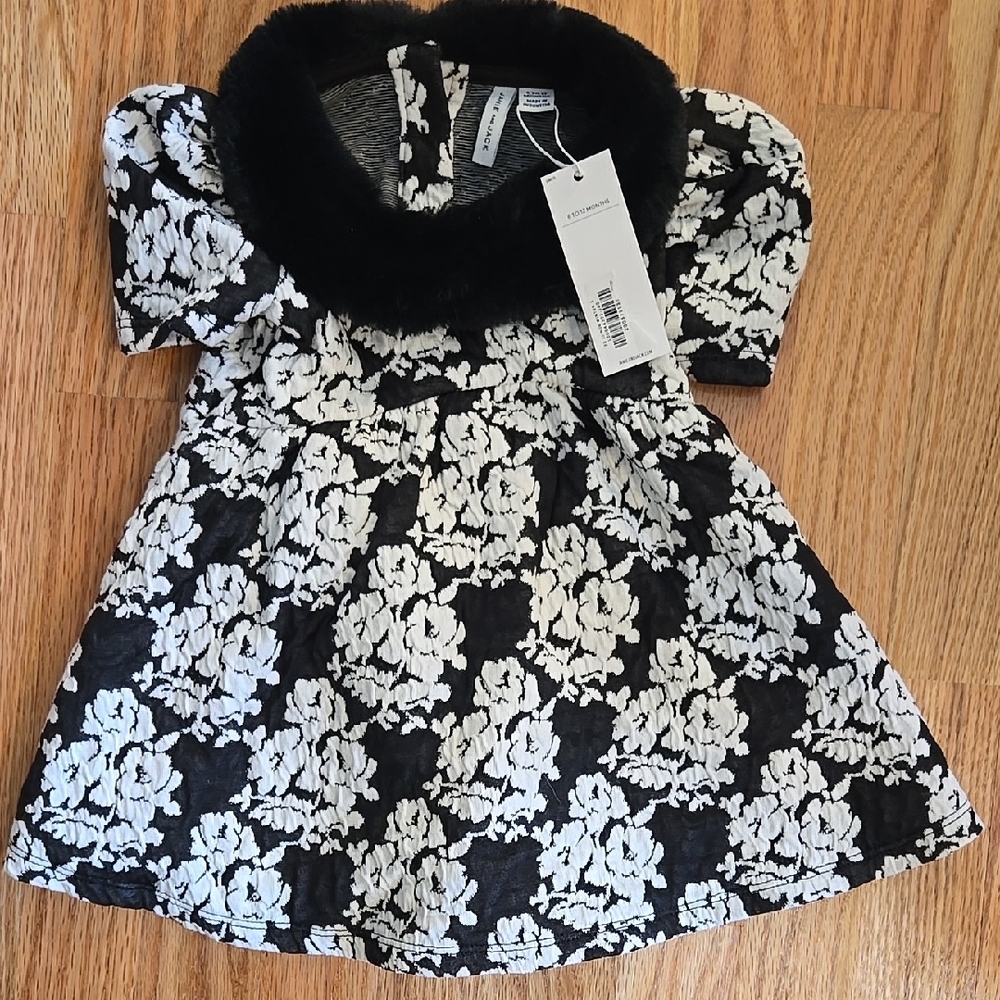 Black and White Floral Dress with Fur Collar